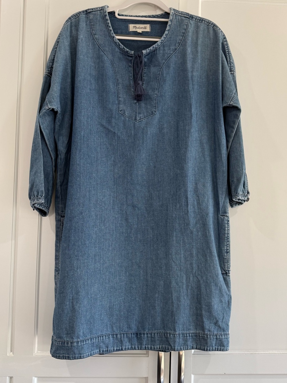 Madewell Dark Blue Denim Button-Front Tunic with Tassel Tie